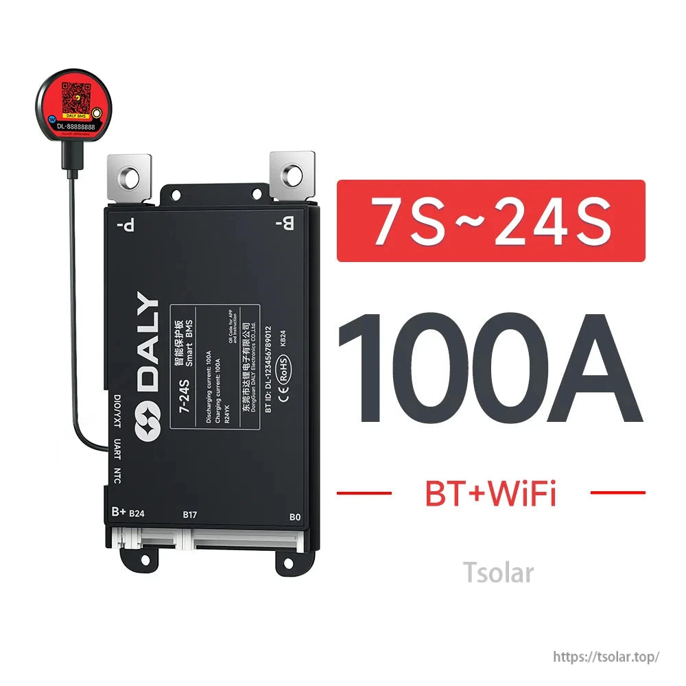 DALY Smart BMS 7S–24S 100A with BT+WiFi module, top B- and P- terminals and balance plug ports