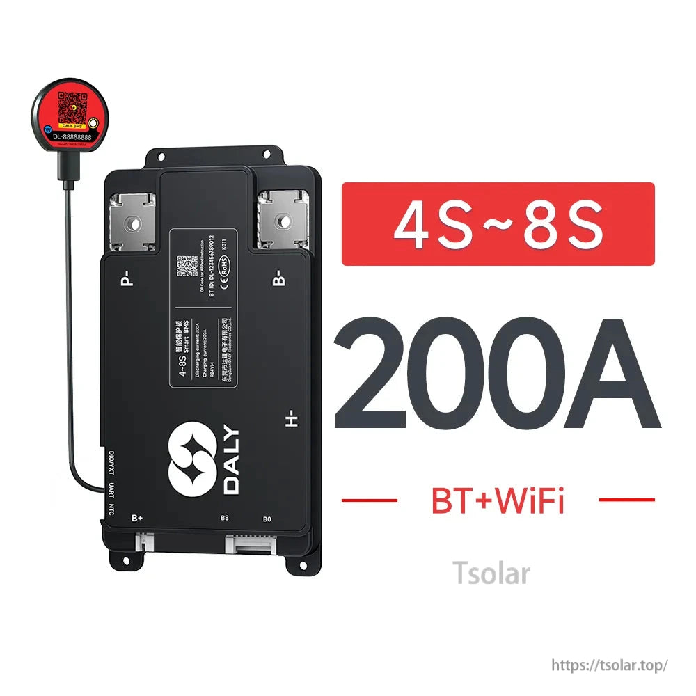 DALY Smart BMS 4S–8S 200A battery management system with BT+WiFi module and labeled B-/P- terminals