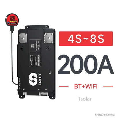 DALY Smart BMS 4S–8S 200A battery management system with BT+WiFi module and labeled B-/P- terminals