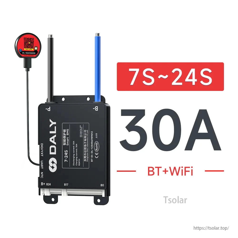 BMS variant graphic: 7S–24S, 30A, BT+WiFi, with wiring leads and plug connectors visible