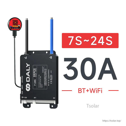 BMS variant graphic: 7S–24S, 30A, BT+WiFi, with wiring leads and plug connectors visible