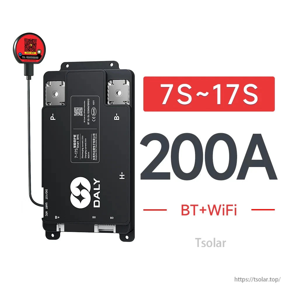 DALY Smart BMS 200A for 7S–17S battery packs with BT+WiFi module and labeled P-, B- terminals