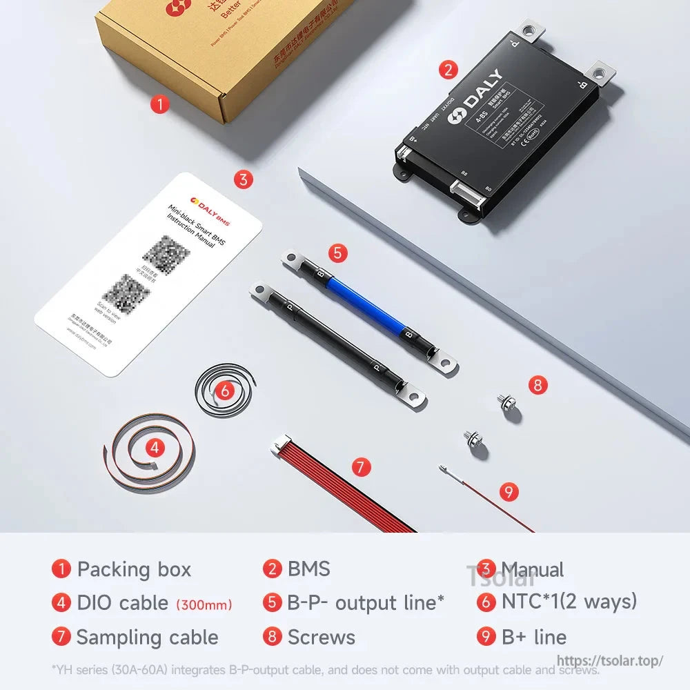 Package contents layout: BMS unit, manual card, cables, screws, and output leads shown on tabletop
