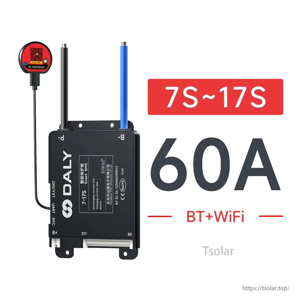 BMS variant graphic: 7S–17S, 60A, BT+WiFi, showing top terminal lugs and mounting holes