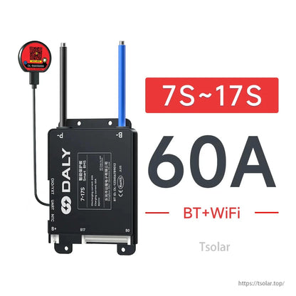 BMS variant graphic: 7S–17S, 60A, BT+WiFi, showing top terminal lugs and mounting holes
