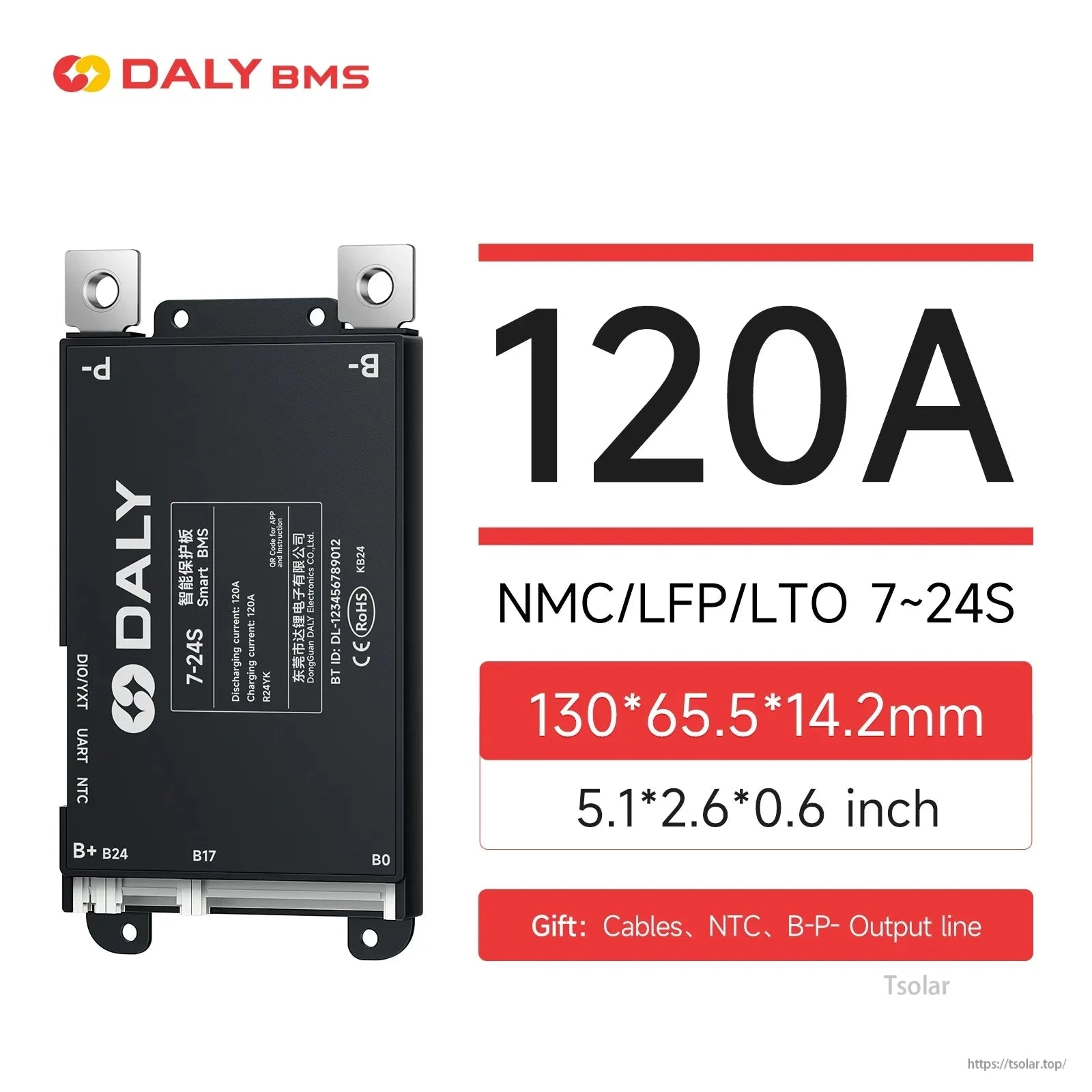 120A DALY BMS spec graphic for 7–24S packs, shows size 130×65.5×14.2 mm and included cables