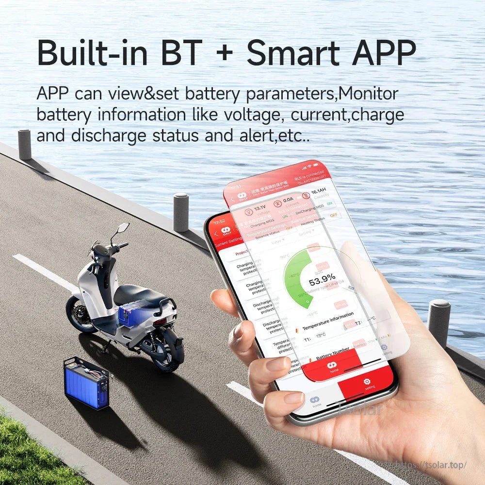 Bluetooth smart app monitoring screen shown on phone with electric scooter battery use case graphic
