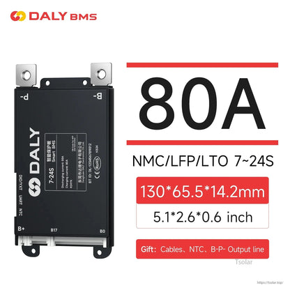 80A DALY BMS spec graphic for 7–24S packs, shows size 130×65.5×14.2 mm and included cables