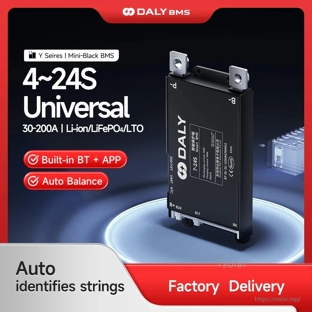 DALY BMS Y Series mini black BMS promo graphic with 4–24S universal text and built-in BT + app