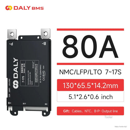 80A DALY BMS spec graphic for 7–17S packs, shows size 130×65.5×14.2 mm and included cables