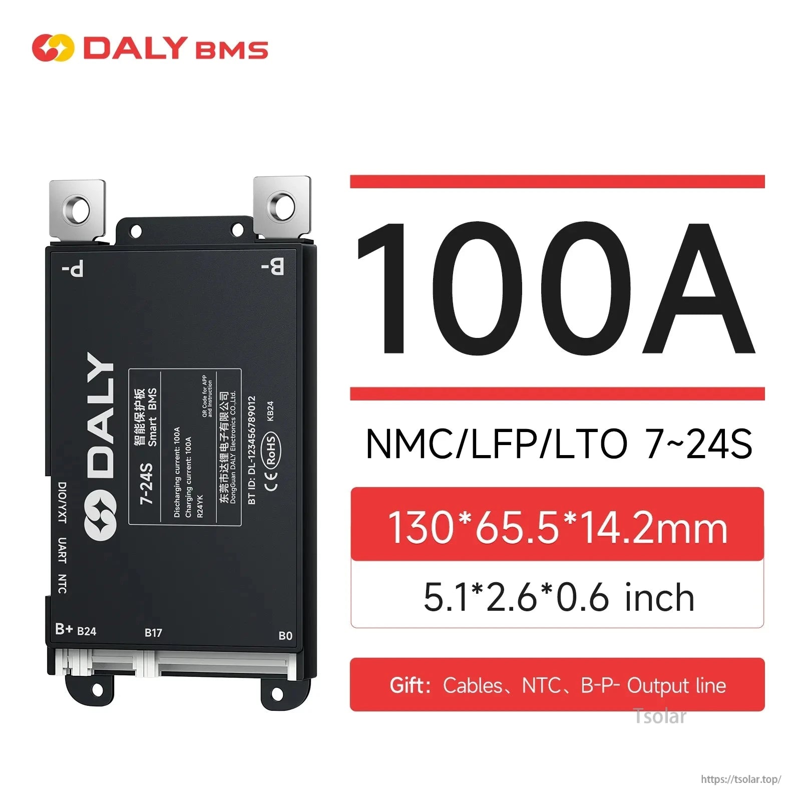 100A DALY BMS spec graphic for 7–24S packs, shows size 130×65.5×14.2 mm and included cables