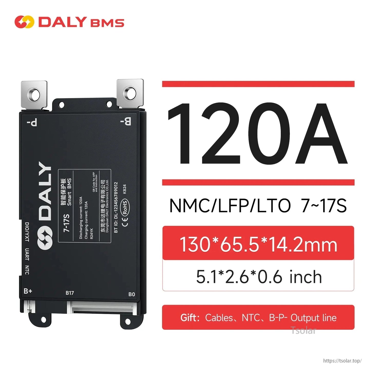 120A DALY BMS spec graphic for 7–17S packs, shows size 130×65.5×14.2 mm and included cables