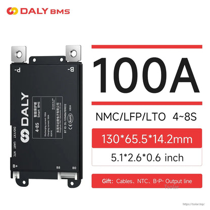 100A DALY BMS spec graphic for 4–8S packs, shows size 130×65.5×14.2 mm and included cables