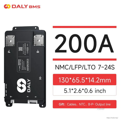 DALY BMS 200A graphic showing 7-24S range and size 130×65.5×14.2 mm on spec banner