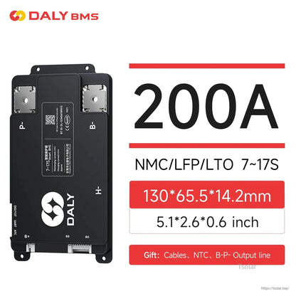 DALY BMS 200A graphic showing 7-17S range and size 130×65.5×14.2 mm on banner