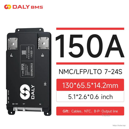 DALY BMS 150A graphic showing 7-24S range and size 130×65.5×14.2 mm listed