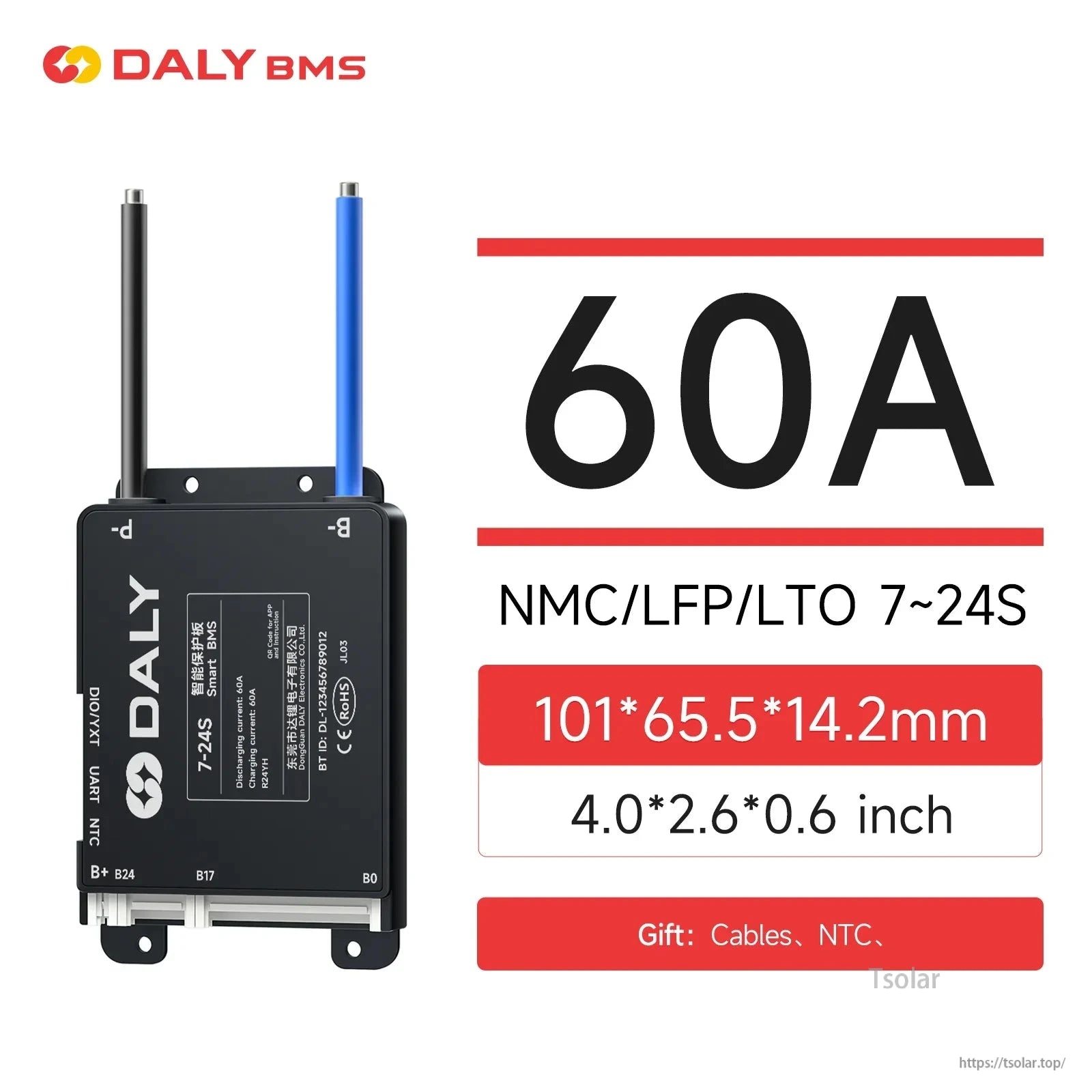 60A BMS spec graphic: NMC/LFP/LTO 7–24S, size 101×65.5×14.2 mm (4.0×2.6×0.6 in)