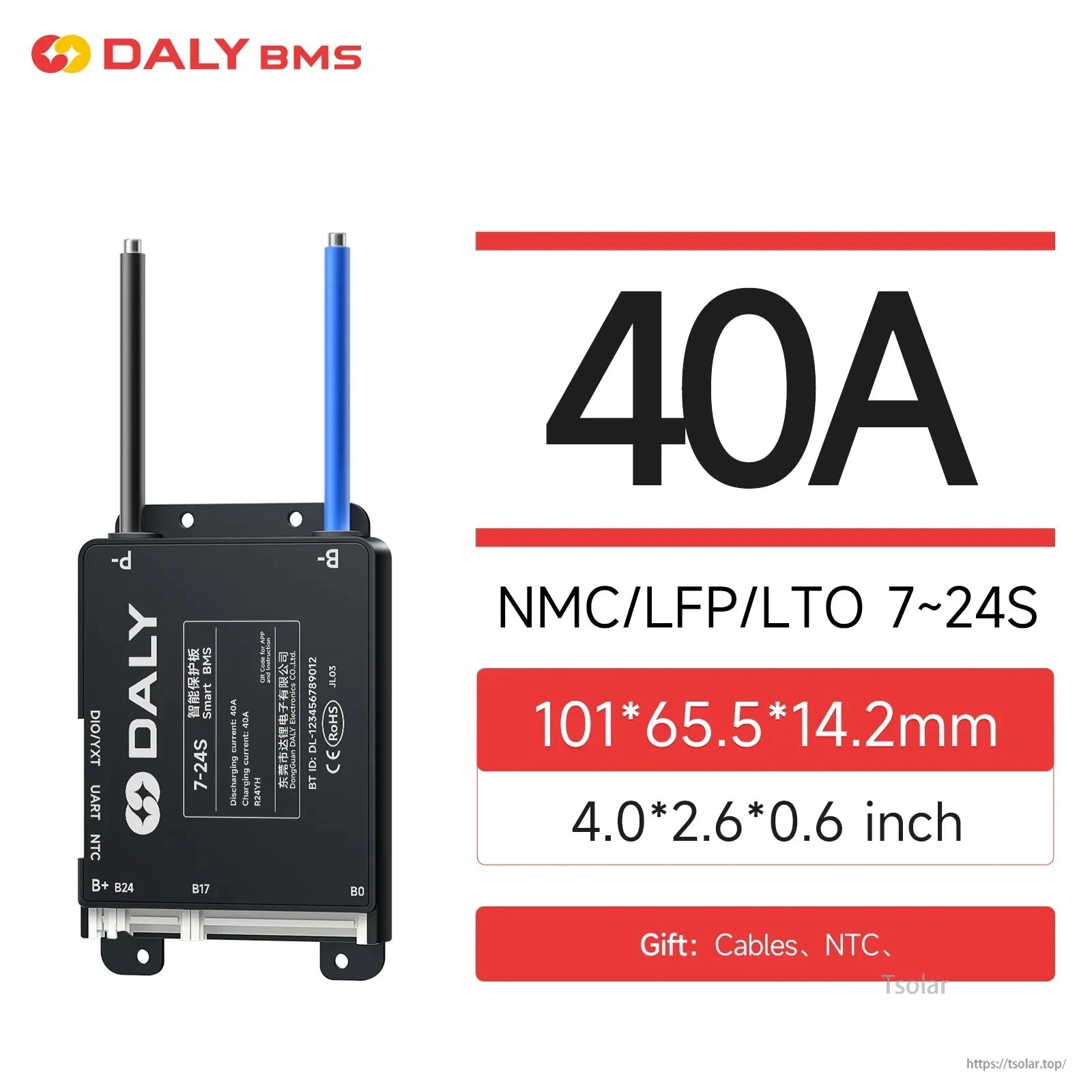 40A BMS spec graphic: NMC/LFP/LTO 7–24S, size 101×65.5×14.2 mm and cables/NTC noted