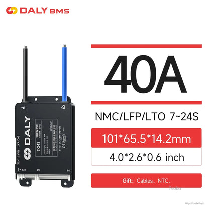 40A BMS spec graphic: NMC/LFP/LTO 7–24S, size 101×65.5×14.2 mm and cables/NTC noted