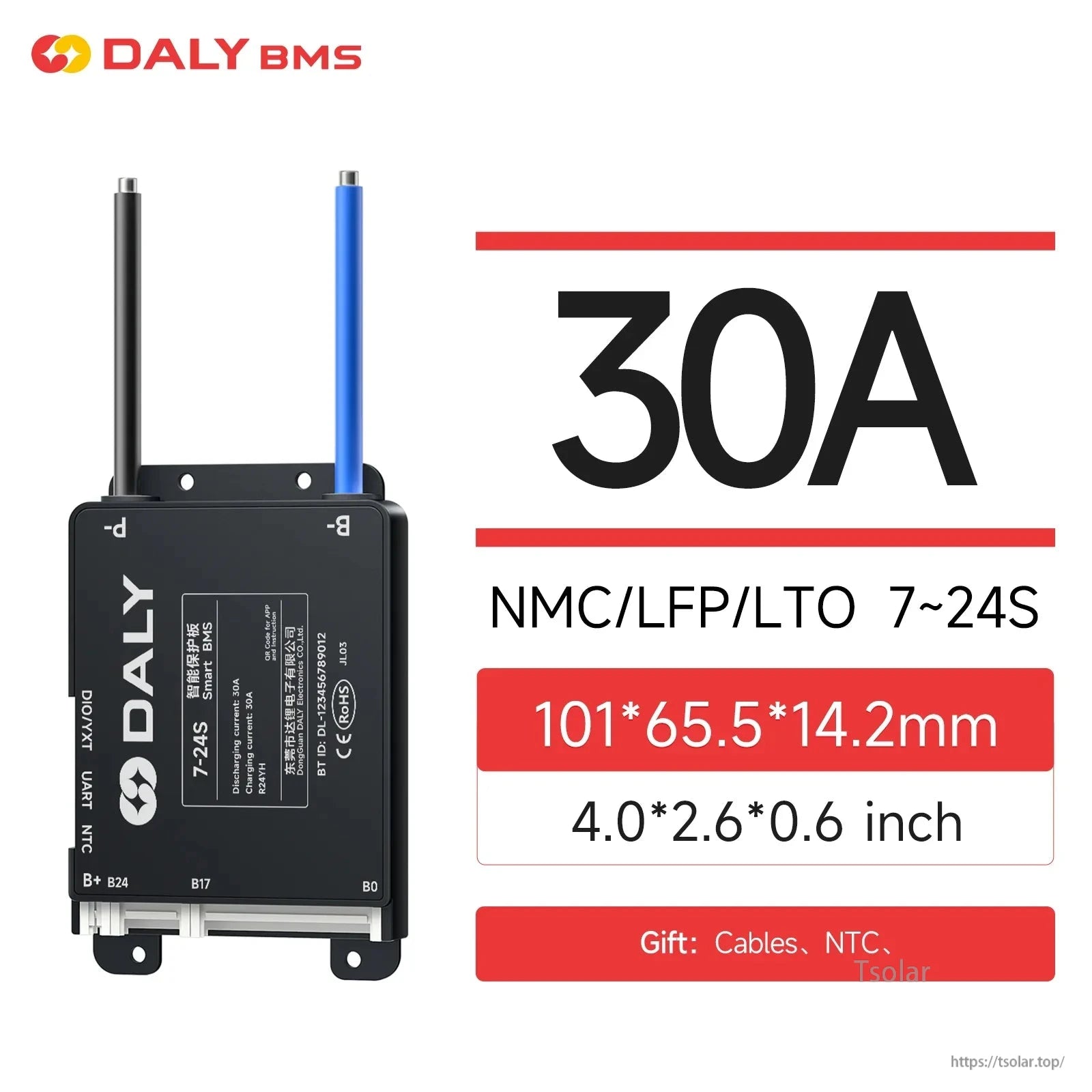 30A BMS spec graphic: NMC/LFP/LTO 7–24S, size 101×65.5×14.2 mm (4.0×2.6×0.6 in)