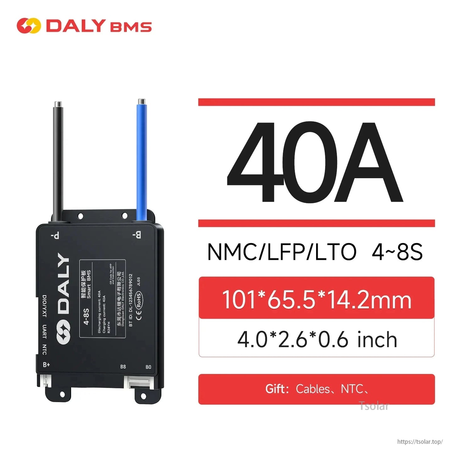 40A BMS spec graphic: NMC/LFP/LTO 4–8S, size 101×65.5×14.2 mm and cables/NTC noted