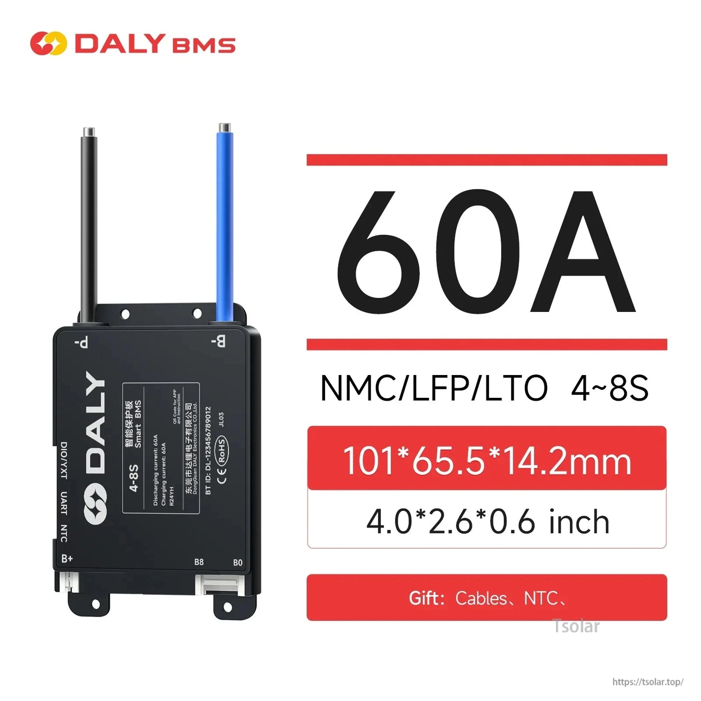 60A BMS spec graphic: NMC/LFP/LTO 4–8S, size 101×65.5×14.2 mm (4.0×2.6×0.6 in)
