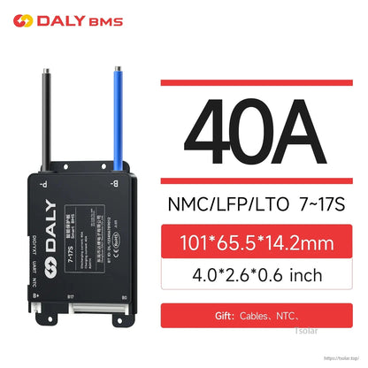 40A BMS spec graphic: NMC/LFP/LTO 7–17S, size 101×65.5×14.2 mm (4.0×2.6×0.6 in)