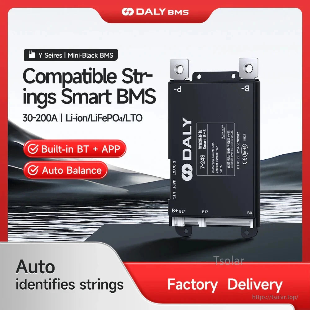 DALY BMS promo graphic showing built-in BT + app and auto balance, unit labeled 7–24S