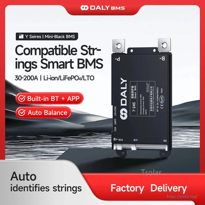 DALY BMS promo graphic showing built-in BT + app and auto balance, unit labeled 7–24S