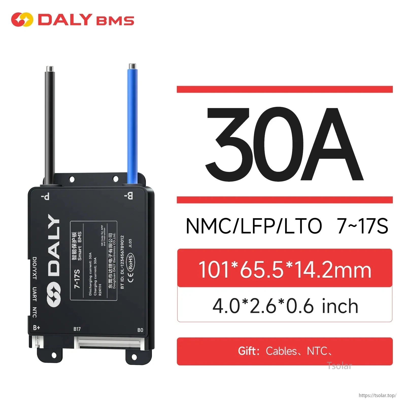 30A BMS spec graphic: NMC/LFP/LTO 7–17S, size 101×65.5×14.2 mm and cables/NTC noted