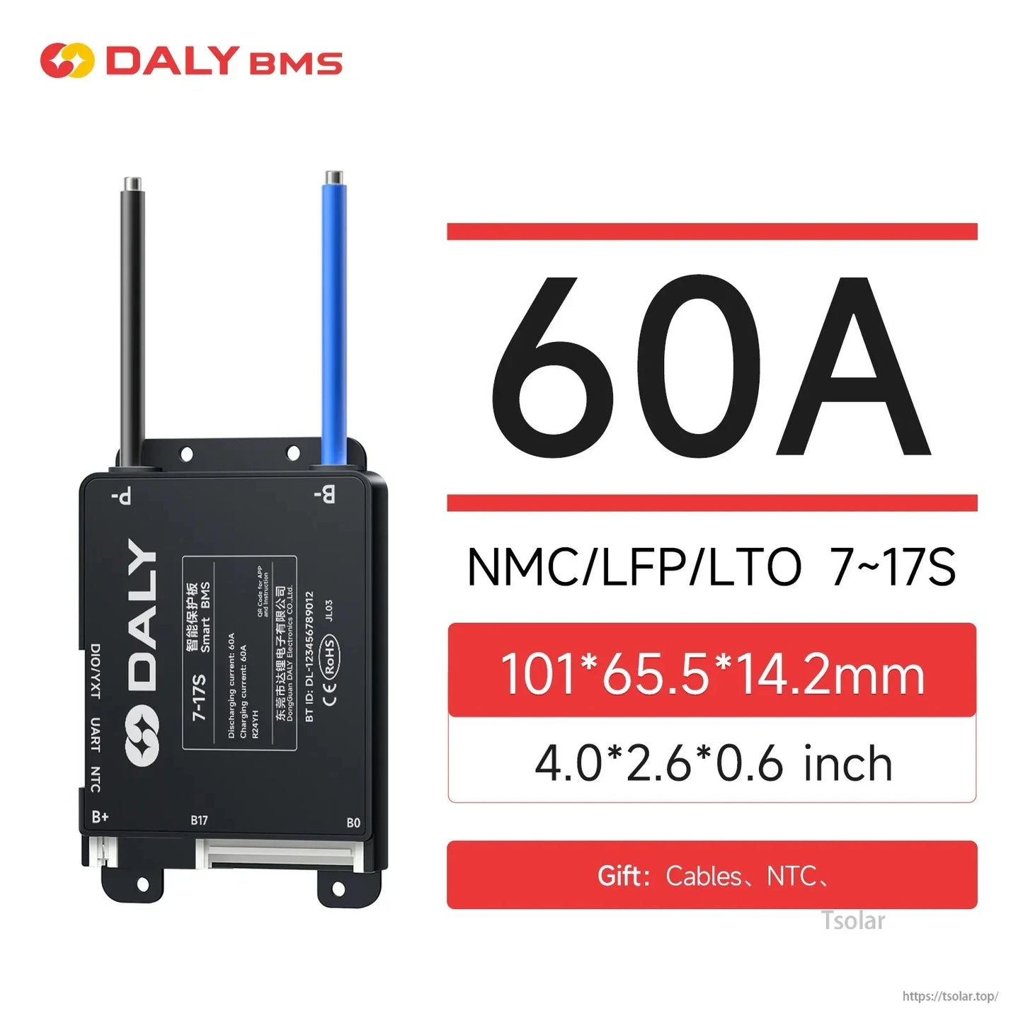 60A BMS spec graphic: NMC/LFP/LTO 7–17S, size 101×65.5×14.2 mm and cables/NTC noted