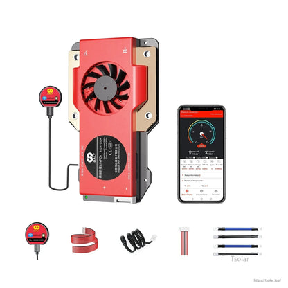 DALY Smart BMS with cooling fan, WiFi+BT module and wiring leads, labeled LiFePO4 8S 24V 500A