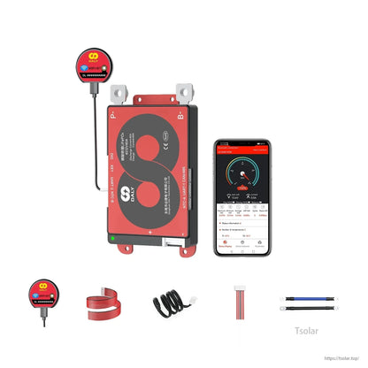 DALY Smart BMS 4S 12V 40A LiFePO4 board with WiFi+Bluetooth module, wiring harnesses, and app monitoring screen