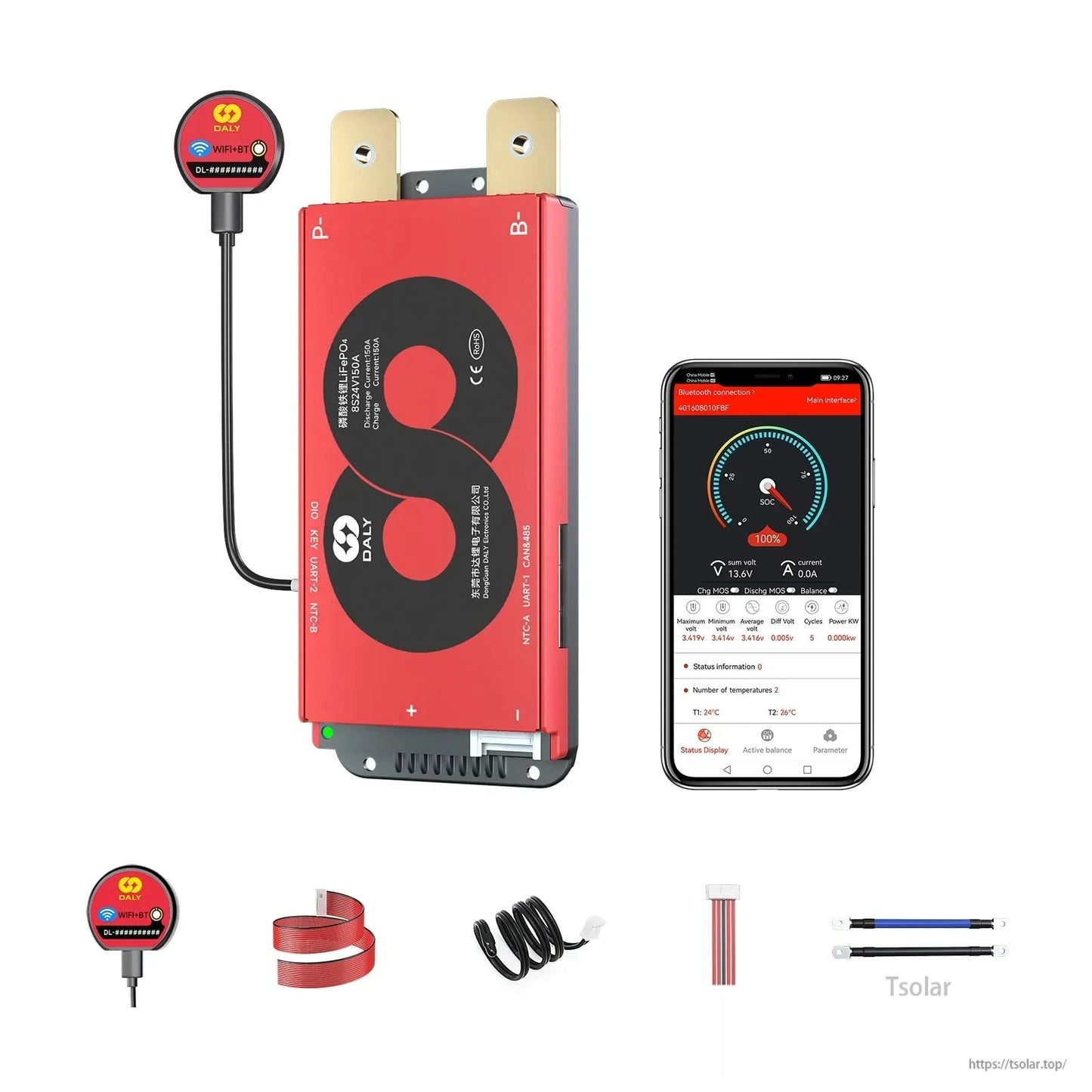 DALY Smart BMS LiFePO4 24V 150A battery management board with P- and B- terminals, WiFi+Bluetooth module and app