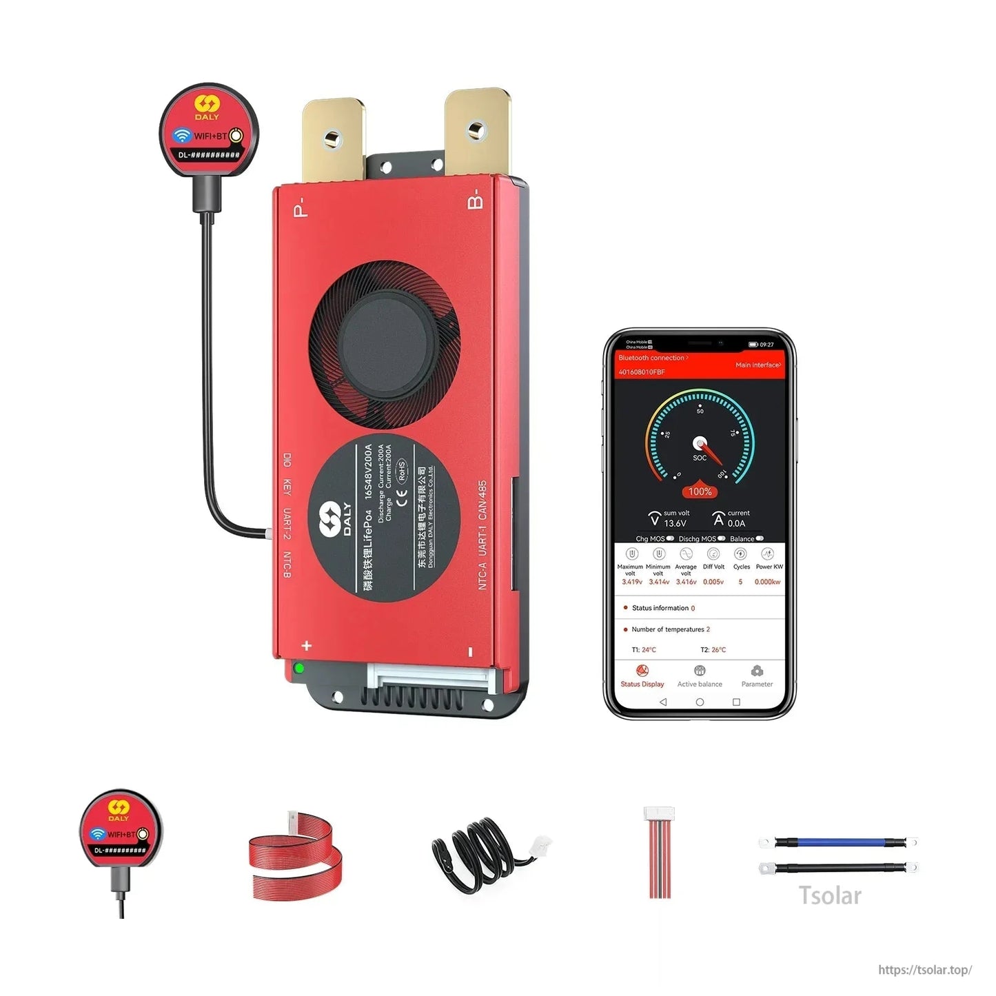 Smart BMS 16S 48V 200A unit with round fan, WiFi+BT module and smartphone app interface