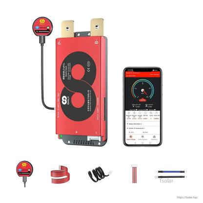 DALY Smart BMS LiFePO4 BS24V150A battery management unit with WiFi+BT module, app display, and wiring harnesses
