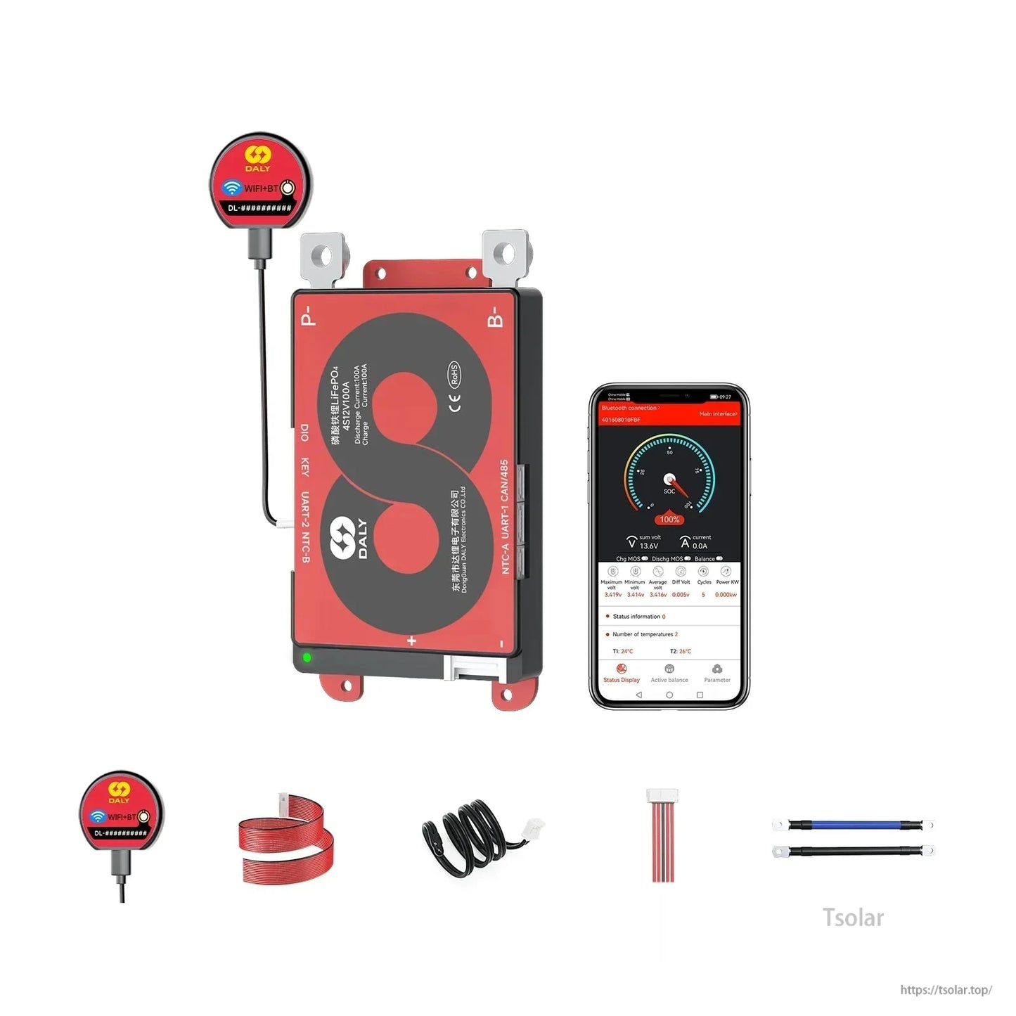 Compact Smart BMS 4S 12V 100A with WiFi+BT module and battery status app screen