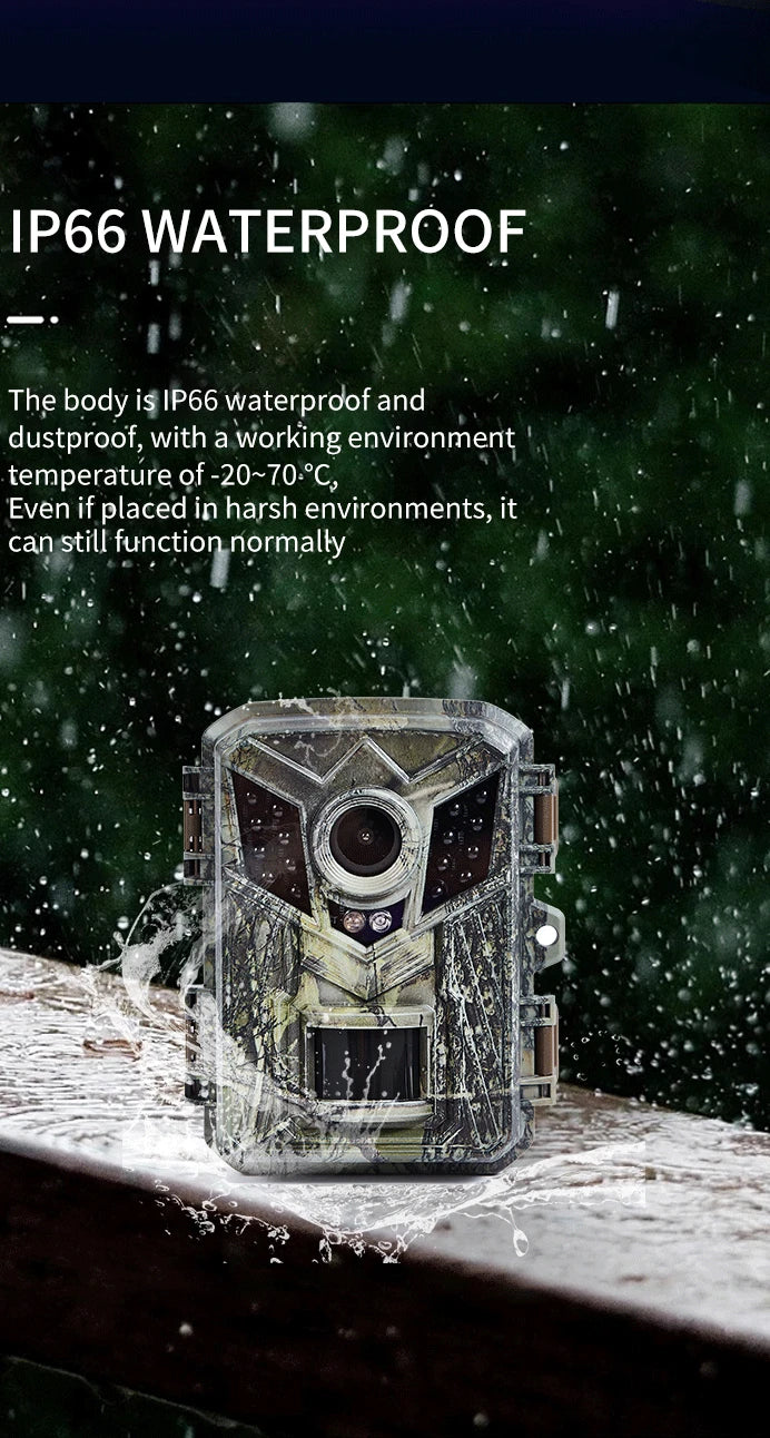 DL006 Mini Hunting Camera, IP66 waterproof and dustproof, this device operates in temperatures from -20°C to 70°C, making it suitable for harsh environmental conditions.