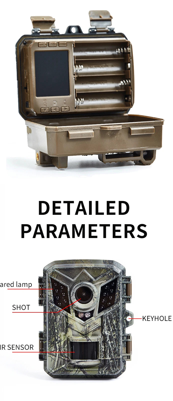 DL006 Mini Hunting Camera, The DL006 Mini Camera features a keyhole design, infrared sensor for low-light conditions, and a shot mode for capturing small areas.