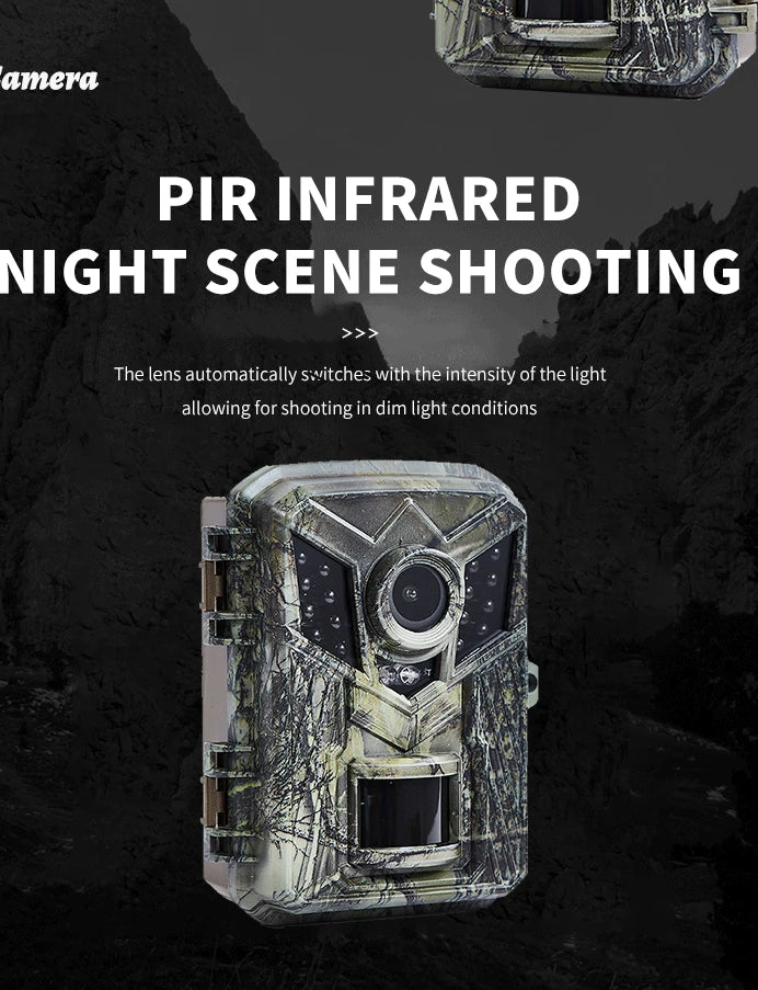 DL006 Mini Hunting Camera, The camera has a PIR infrared night scene feature for shooting in low-light conditions, adjusting sensitivity for clear images in darkness.