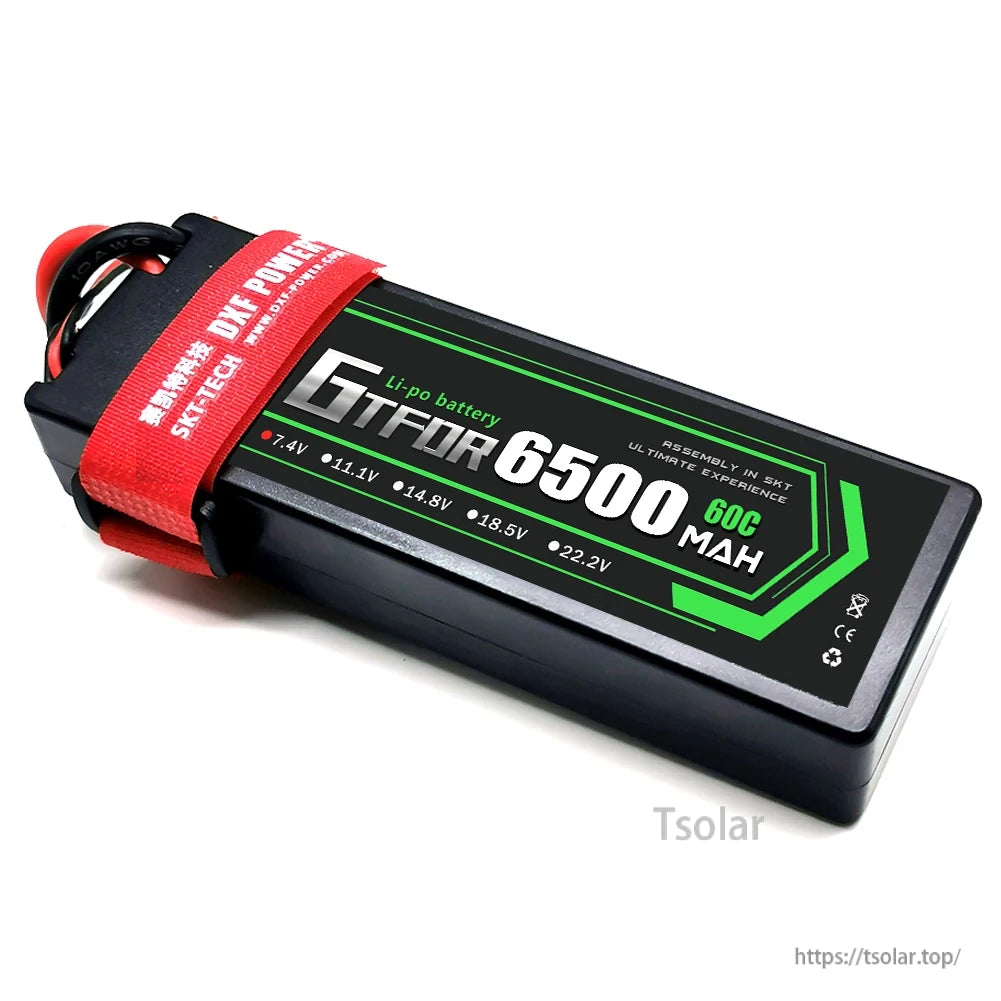 DXF Lipo Battery, Lipo battery specifications: 6500mAh capacity, 7.4V voltage, assembled and rated for safe use up to 18.5V.