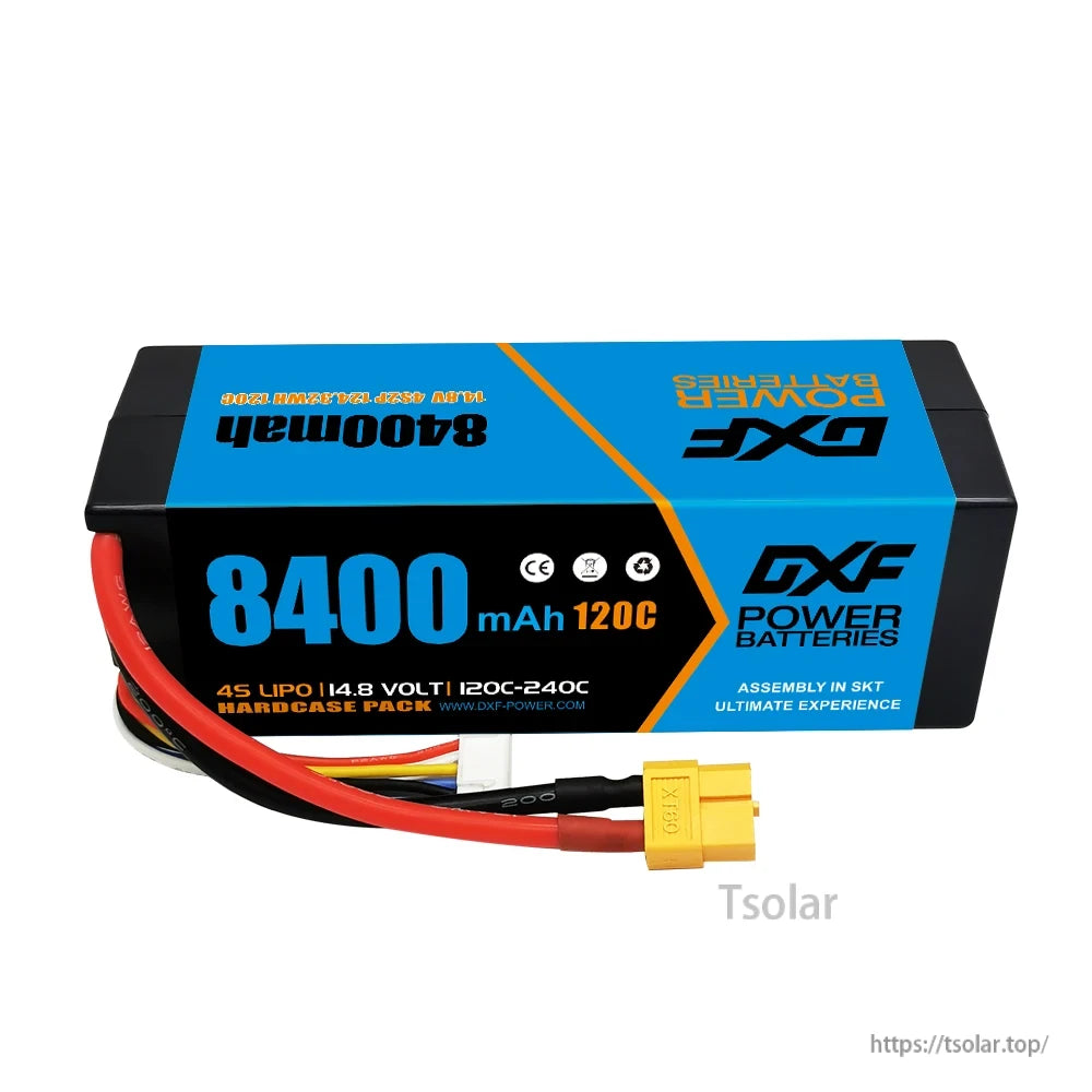 DXF Lipo Battery, DXF Power 8400mAh 120C-240C 4S LiPo battery, 14.8V hardcase with XT60, SKT-assembled, safety-certified, ideal for high-performance use.
