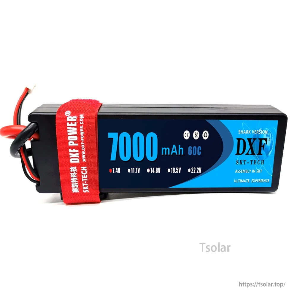 DXF Lipo Battery, DXF POWER 7000mAh 60C LiPo battery, Shark Version by SKT-TECH, offers 7.4V to 22.2V for high-performance power needs.
