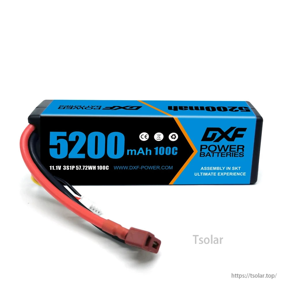 DXF Lipo Battery, DXF Power 5200mAh 100C 11.1V 3S1P battery, 57.72Wh, SKT-assembled, CE certified for ultimate performance.