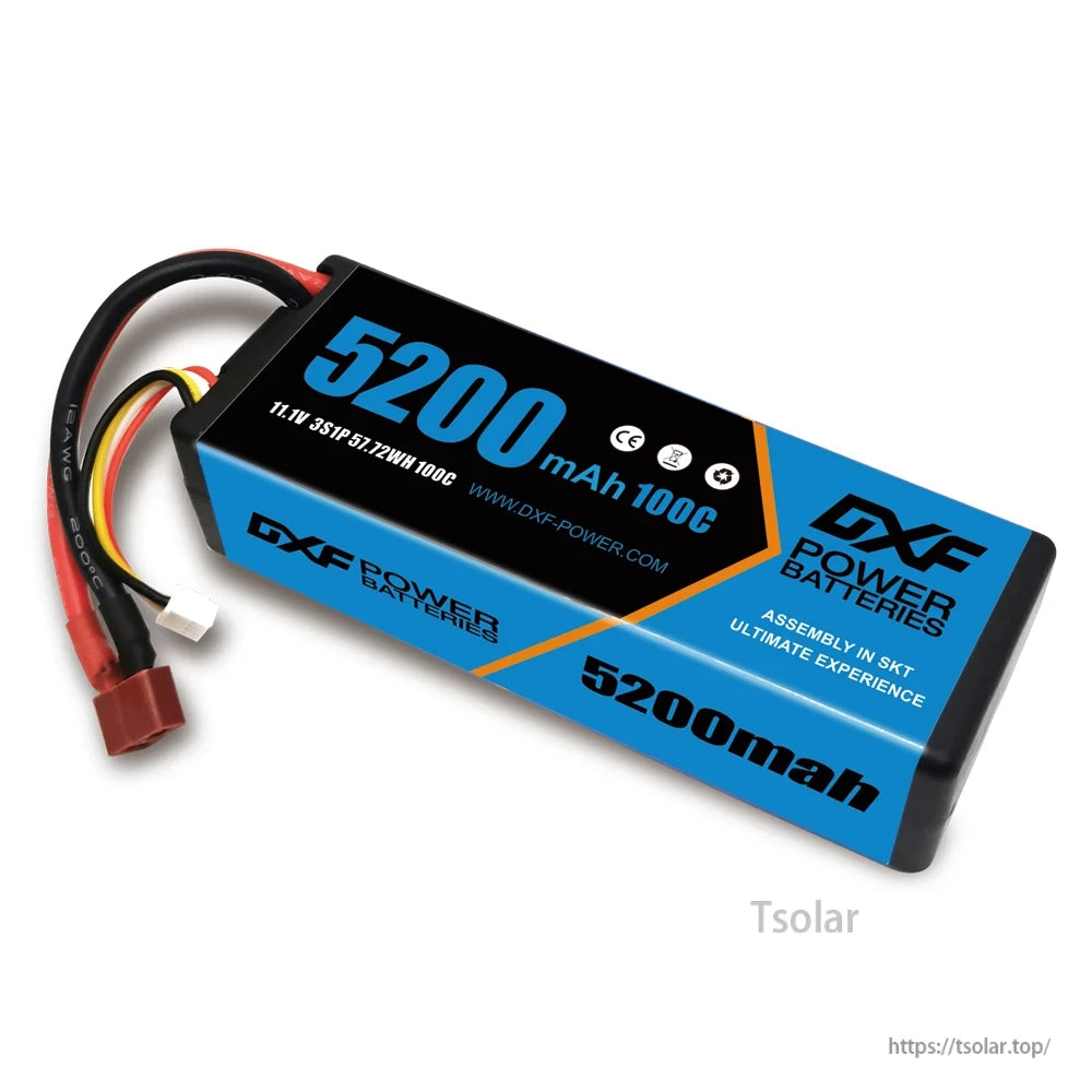DXF Lipo Battery, DXF Power 5200mAh 11.1V 3S battery, 100C, 57.72Wh, CE certified, made in SKT. Ultimate performance. Visit www.dxf-power.com. (24 words)