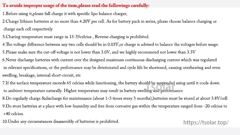DXF Lipo Battery, Charge with balance charger (max 4.20V/cell), avoid reverse charging, over-discharge, and disassembly; store at 3.8V/cell, -20 to +40°C, low humidity; suspend if overheated (>65°C).