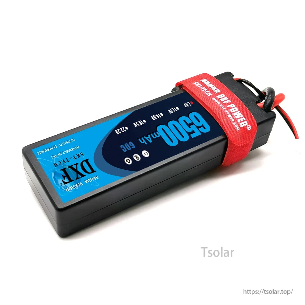 DXF Lipo Battery, DXF 6500mAh 60C Lipo Battery, 7.4V–22.2V, SKY-TECH Panda Version, red strap, DIF POWER branded, high-performance, ideal for advanced assembly and ultimate flying experience.