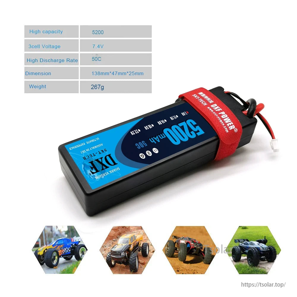 5200mAh 7.4V DXF Lipo Battery offers 50C discharge, durable design, red safety strap, and reliable power for high-performance RC vehicles like monster trucks and crawlers.
