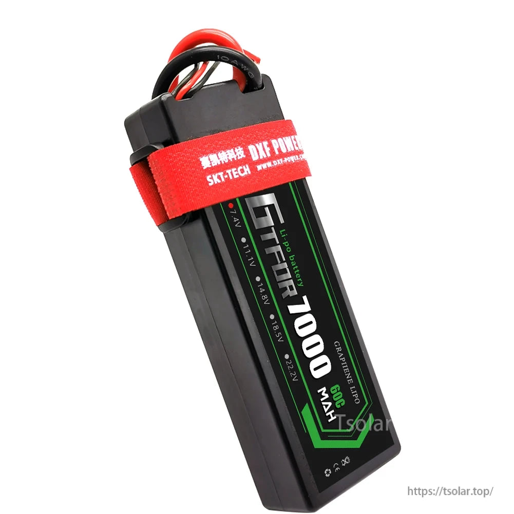 DXF Lipo Battery, DXF POWER 7000mAh 60C LiPo battery with graphene technology, offering high performance in voltages: 7.4V, 11.1V, 14.8V, 18.5V, and 22.2V.