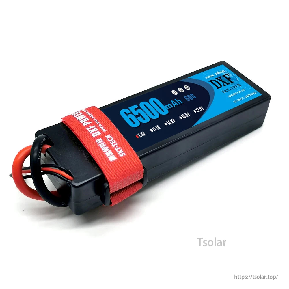 DXF Lipo Battery, DXF SKY-TECH 6500mAh 60C LiPo battery, 7.4V–22.2V, SCT connector, red strap with label—high performance for ultimate power experience.